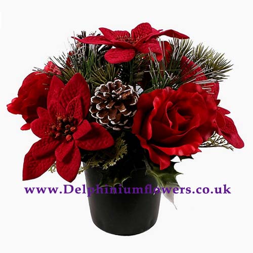 Christmas Cemetary Grave Pot Flower Arrangement - Reds - Click Image to Close